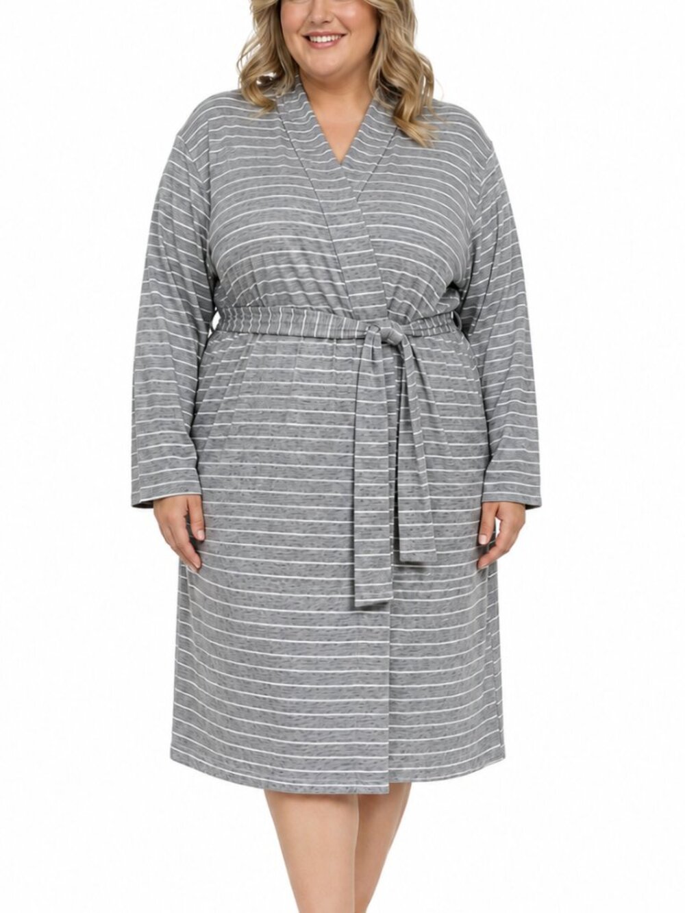 George Robe 1X-2X Plus Size Gray White Striped Jersey Soft Tie Belt Lounge Wrap
